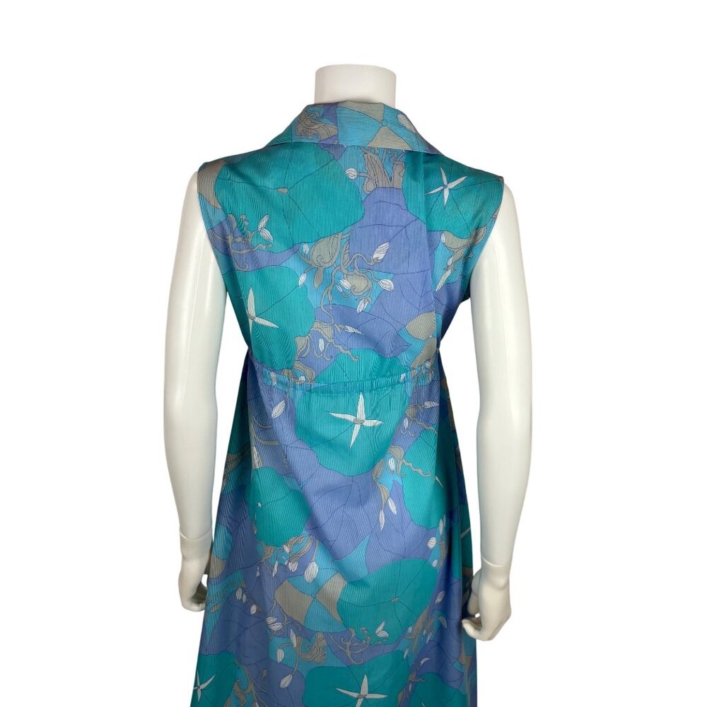 Vintage 70s Maxi Dress Womens Medium Trippy Aqua Lavender Tropical Empire Waist - Picture 12 of 13